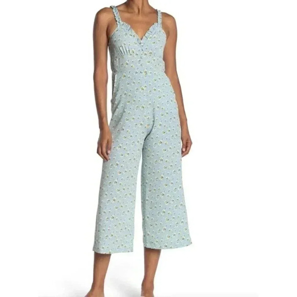 TopShop Floral Jumpsuit Blue Size 14 Cropped Wide Leg Ruffle Cottagecore Flowers - Picture 1 of 16